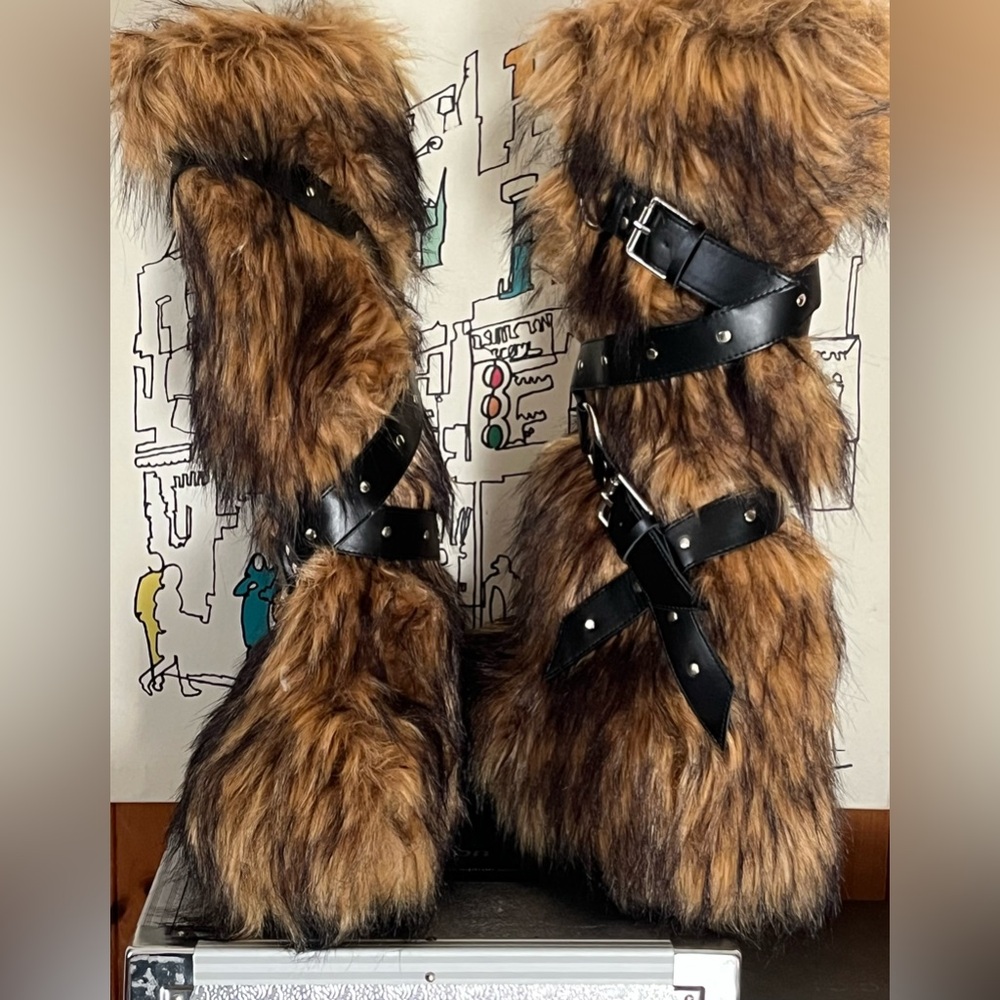 Wild Instinct Dolls Kill Platform Faux Fur Knee-High Boots with Buckle Straps